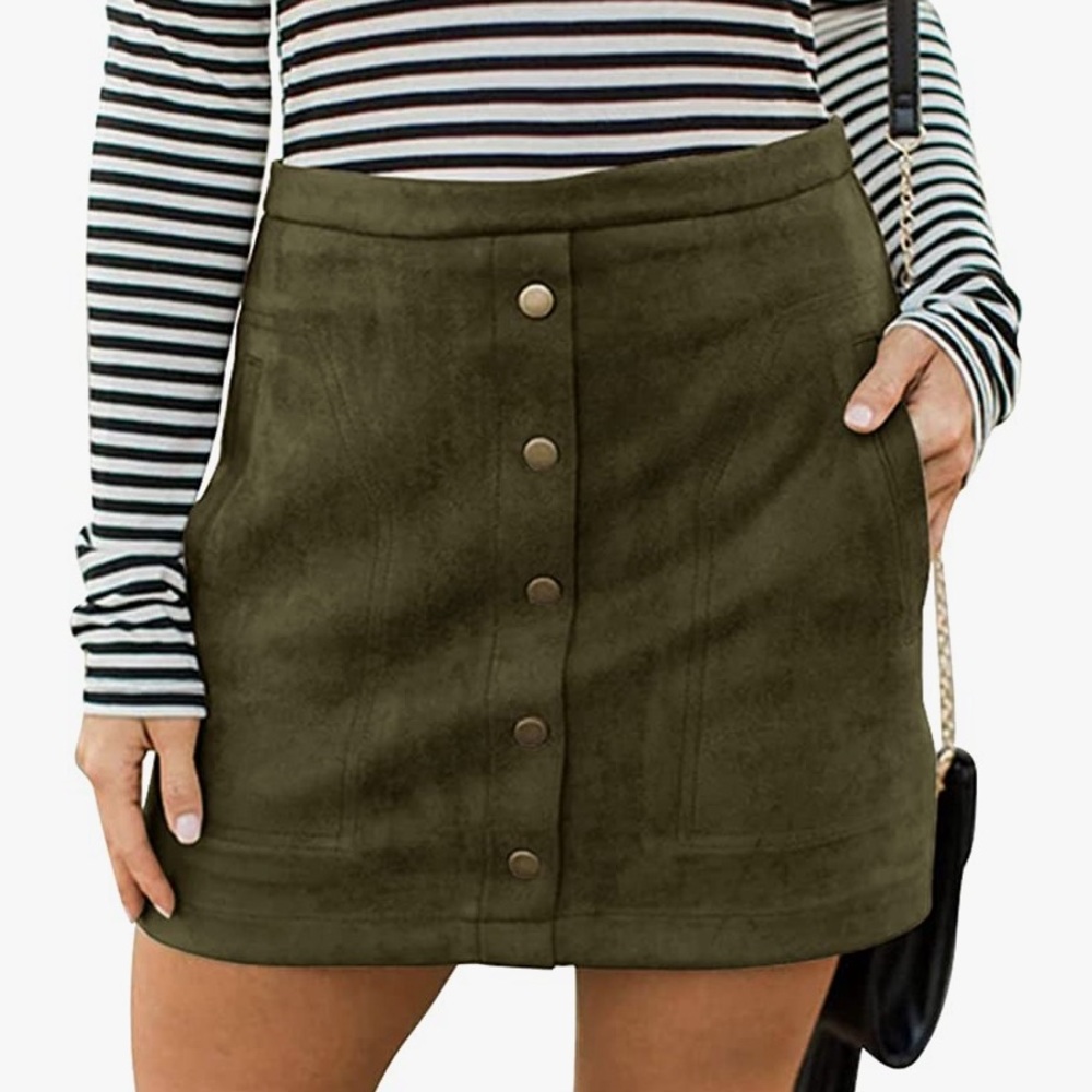 Meyeeka Women's Button Front Faux Suede High Waist A-line Mini Skirt with Pocket
